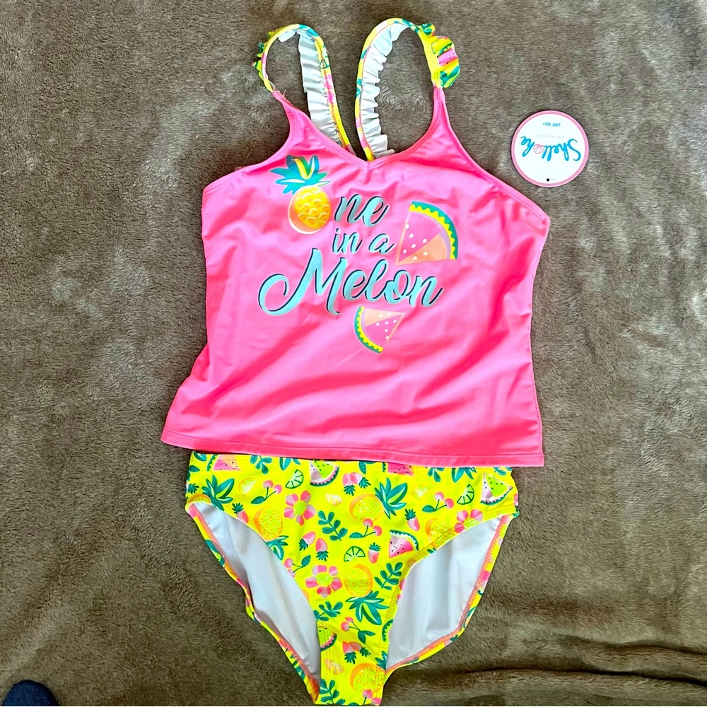 Shelloha | Bathing Suit | 16 | Yellow and Pink with ruffle straps, Fruit theme